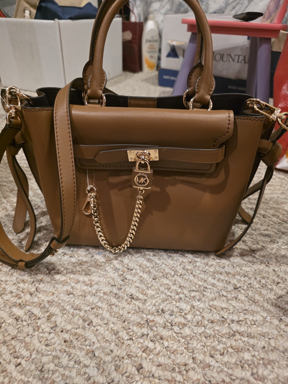 Michael Kors Brown Leather Satchel with Gold Chain Accent